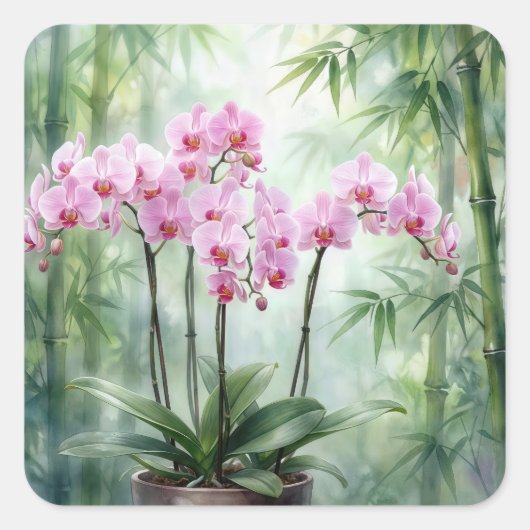 Pink Orchids On Green Bamboo Background スクエアシール (正面)
