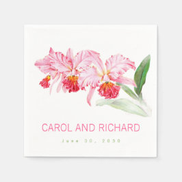 Pink Orchids Watercolor Name Date Wedding スタンダードカクテルナプキン