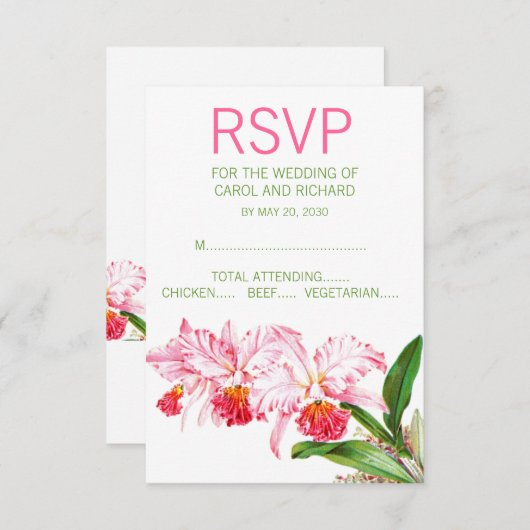 Pink Orchids Watercolor Wedding 出欠カード (正面/裏面)