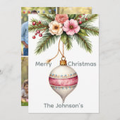 Pink Ornament Christmas Photo シーズンカード (正面/裏面)