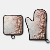 Pink Ornate Pearl and Floral 鍋つかみ&鍋敷きセット (正面)