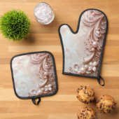 Pink Ornate Pearl and Floral 鍋つかみ&鍋敷きセット (トップダウン)