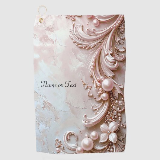 Pink Ornate Pearl and Floral Golf Towel ゴルフタオル (正面)