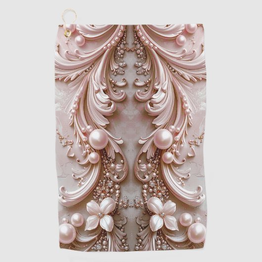 Pink Ornate Pearl and Floral Golf Towel ゴルフタオル (正面)