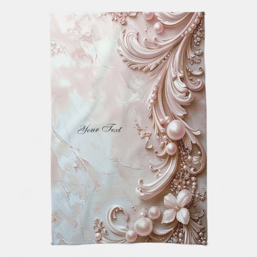 Pink Ornate Pearl and Floral Kitchen Towel キッチンタオル (縦)