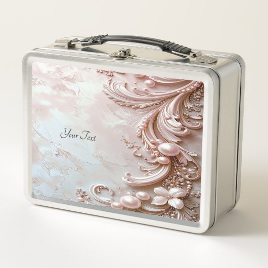 Pink Ornate Pearl and Floral Lunchbox メタルランチボックス (正面)