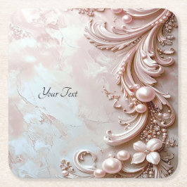 Pink Ornate Pearl and Floral Paper Coaster スクエアペーパーコースター