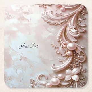 Pink Ornate Pearl and Floral Paper Coaster スクエアペーパーコースター