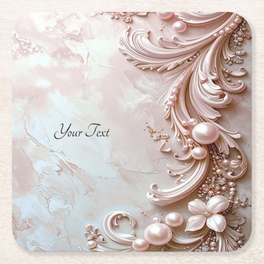 Pink Ornate Pearl and Floral Paper Coaster スクエアペーパーコースター (正面)