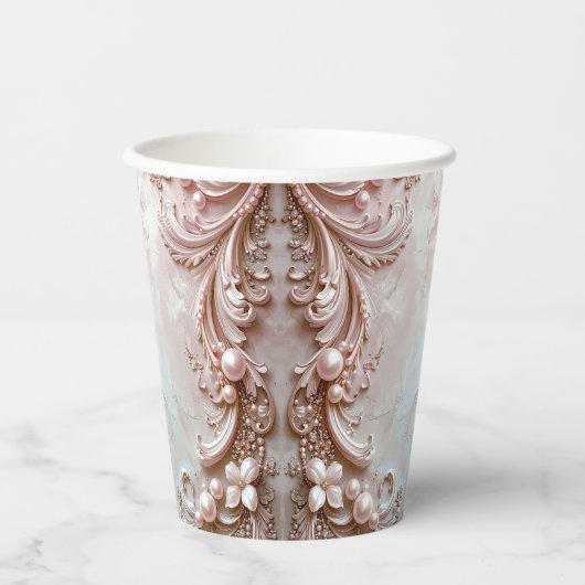 Pink Ornate Pearl and Floral Paper Cups 紙コップ (正面)
