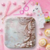 Pink Ornate Pearl and Floral Paper Plate ペーパープレート (パーティー)