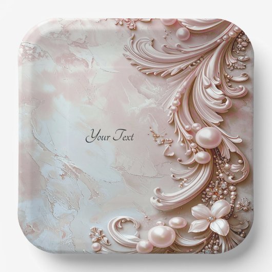 Pink Ornate Pearl and Floral Paper Plate ペーパープレート (正面)