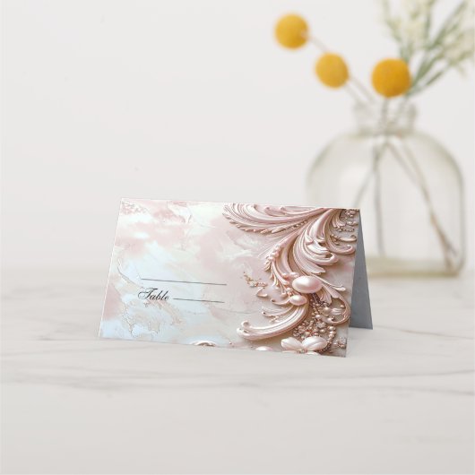 Pink Ornate Pearl and Floral Place Card プレイスカード (正面)