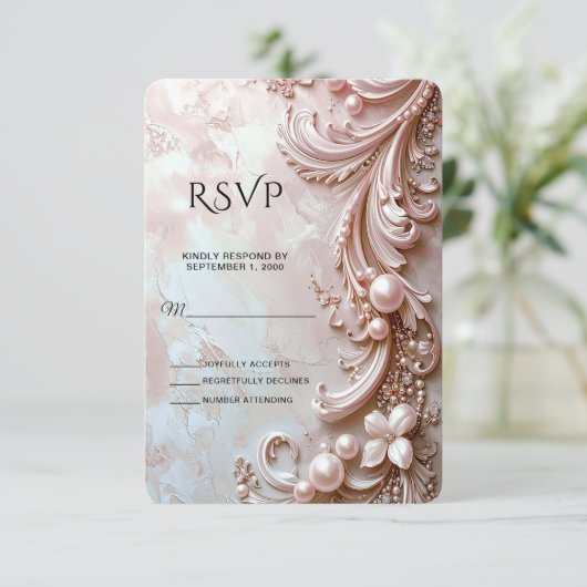 Pink Ornate Pearl and Floral RSVP Card (スタンド正面)