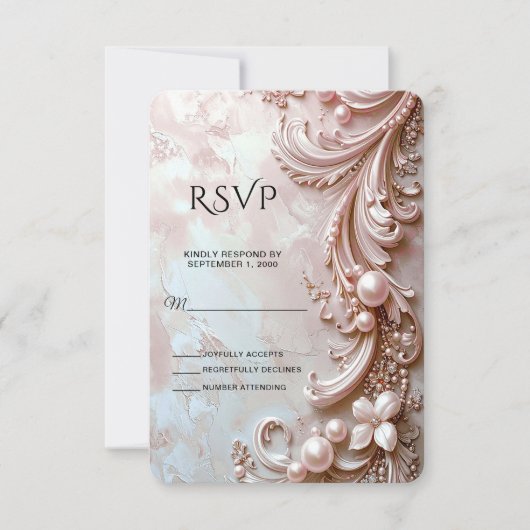 Pink Ornate Pearl and Floral RSVP Card (正面)