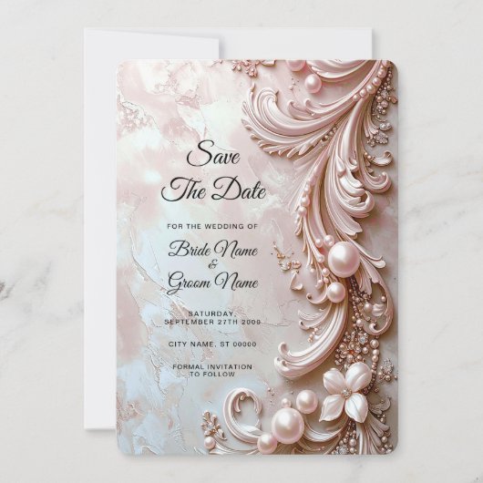 Pink Ornate Pearl and Floral Save the Date セーブザデート (正面)