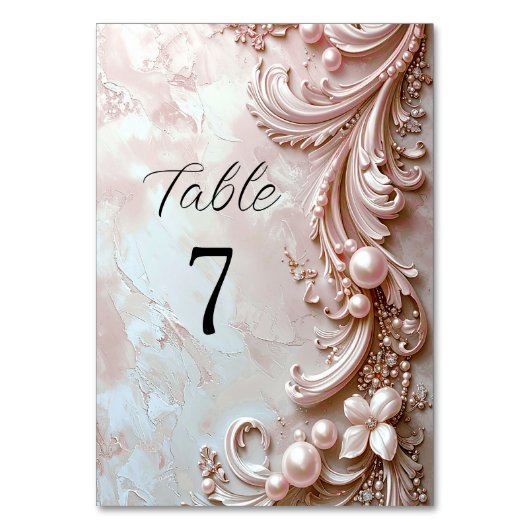 Pink Ornate Pearl and Floral Table Number テーブルナンバー (正面)