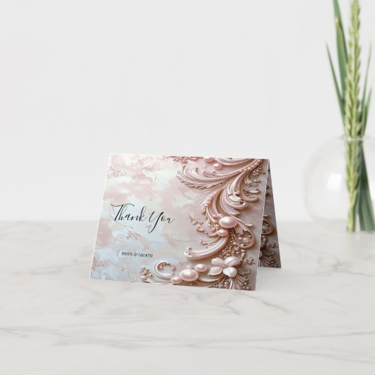 Pink Ornate Pearl and Floral Thank You Card サンキューカード (正面)