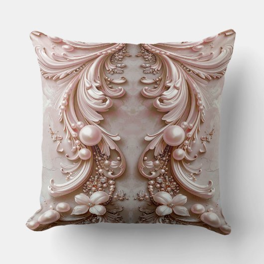 Pink Ornate Pearl and Floral Throw Pillow クッション (正面)