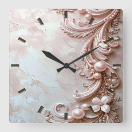 Pink Ornate Pearl and Floral Wall Clock スクエア壁時計