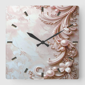 Pink Ornate Pearl and Floral Wall Clock スクエア壁時計