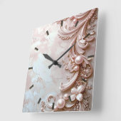 Pink Ornate Pearl and Floral Wall Clock スクエア壁時計 (傾斜)