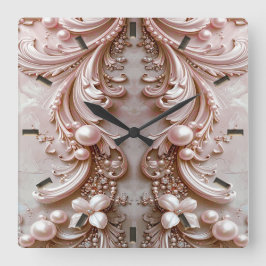 Pink Ornate Pearl and Floral Wall Clock スクエア壁時計