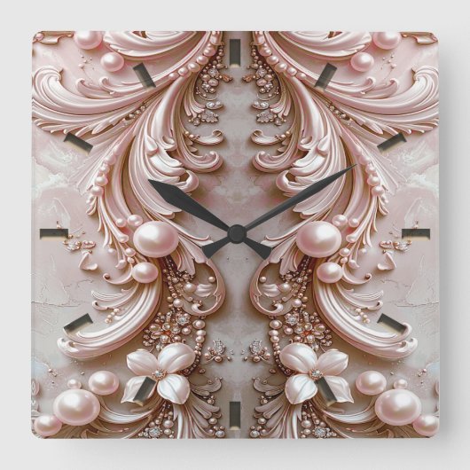 Pink Ornate Pearl and Floral Wall Clock スクエア壁時計 (正面)