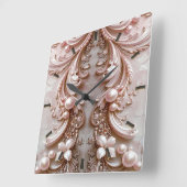 Pink Ornate Pearl and Floral Wall Clock スクエア壁時計 (傾斜)