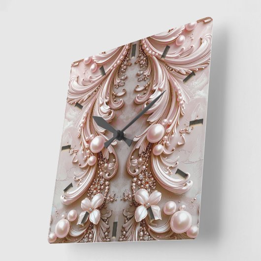 Pink Ornate Pearl and Floral Wall Clock スクエア壁時計 (傾斜)