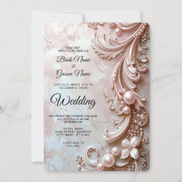 Pink Ornate Pearl and Floral Wedding Invitation 招待状