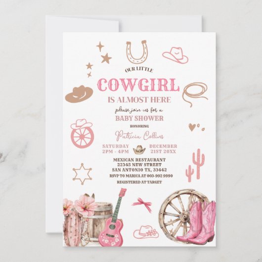 Pink Our Little Cowgirl Wild West Baby Shower 招待状 (正面)