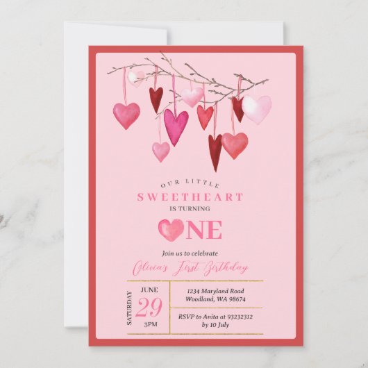 PINK Our Little Sweetheart Valentine 1st誕生日 招待状 (正面)