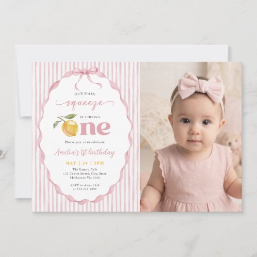 Pink Our main Squeeze Lemon 1st Birthday Photo 招待状 (正面)