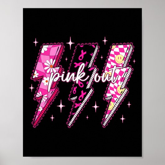 Pink Out Checkered Lightning Bolt Breast Cancer Aw ポスター (正面)