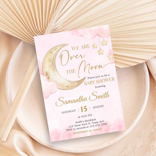 Pink Over the Moon Baby Shower  招待状