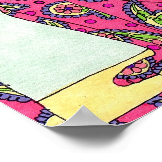 Pink Paisley Cat Folk Art ポスター (角)