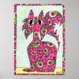 Pink Paisley Cat Folk Art ポスター