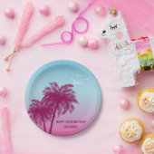 Pink Palm Trees Tropical Evening Happy Birthday ペーパープレート (パーティー)