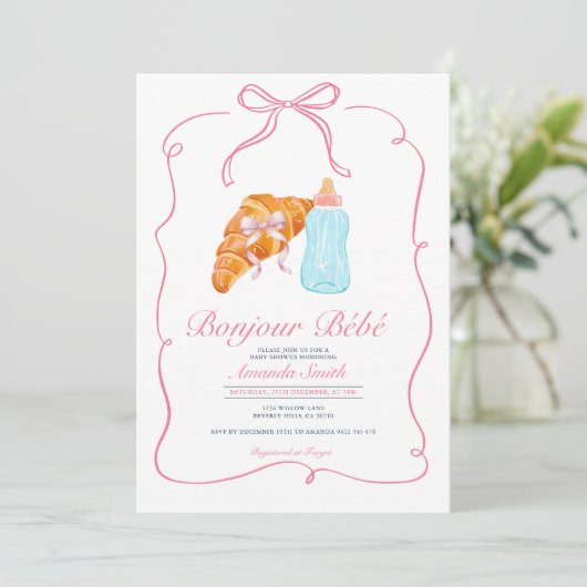 Pink Paris Bow French Croissant Cafe Baby Shower 招待状 (スタンド正面)