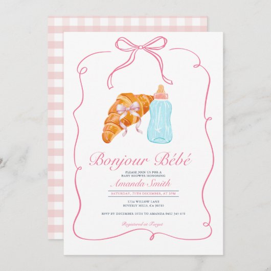 Pink Paris Bow French Croissant Cafe Baby Shower 招待状 (正面/裏面)