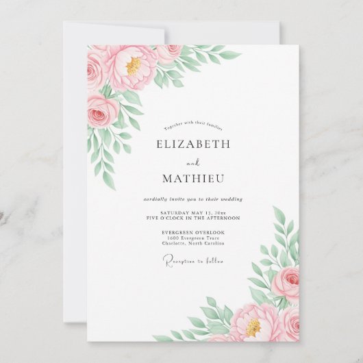 Pink Pastel Bloom Romance Wedding 招待状 (正面)