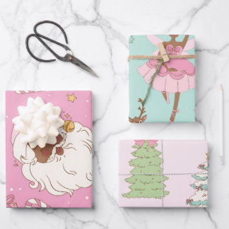 Pink Pastel Christmas Black Santa & Ballerina ラッピングペーパーシート