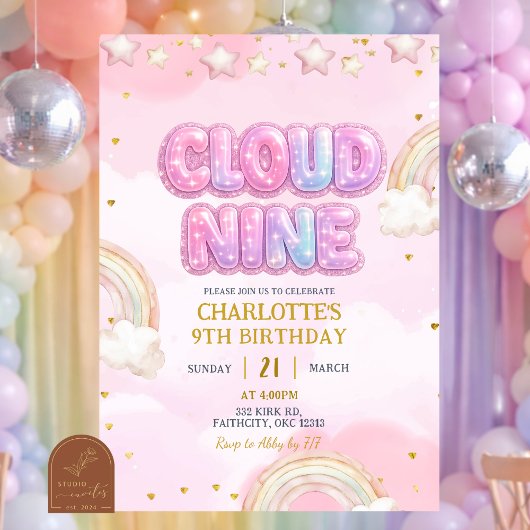 Pink Pastel Cloud Nine Birthday 招待状