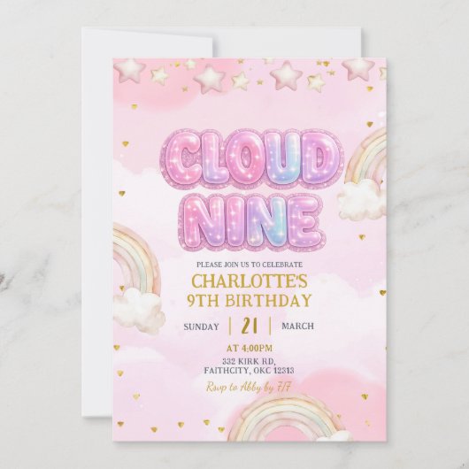 Pink Pastel Cloud Nine Birthday 招待状 (正面)