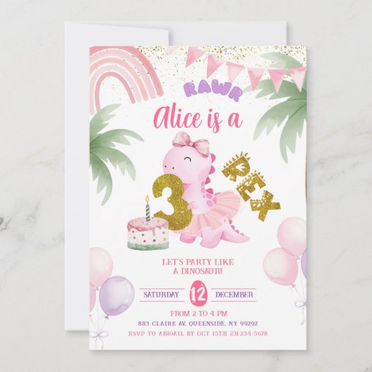 Pink Pastel Dinosaur 3-rex Rawr birthday Invitatio 招待状 (正面)