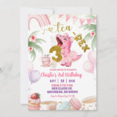 Pink Pastel Dinosaur tea-rex 3rd birthday 招待状 (正面)