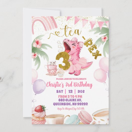 Pink Pastel Dinosaur tea-rex 3rd birthday 招待状 (正面)