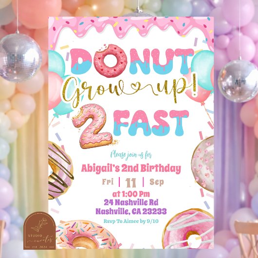 Pink Pastel Donut Grow Up Two Fast Second Birthday 招待状