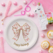 Pink Pastel Elegant Christmas Bow Paper Plates ペーパープレート (パーティー)